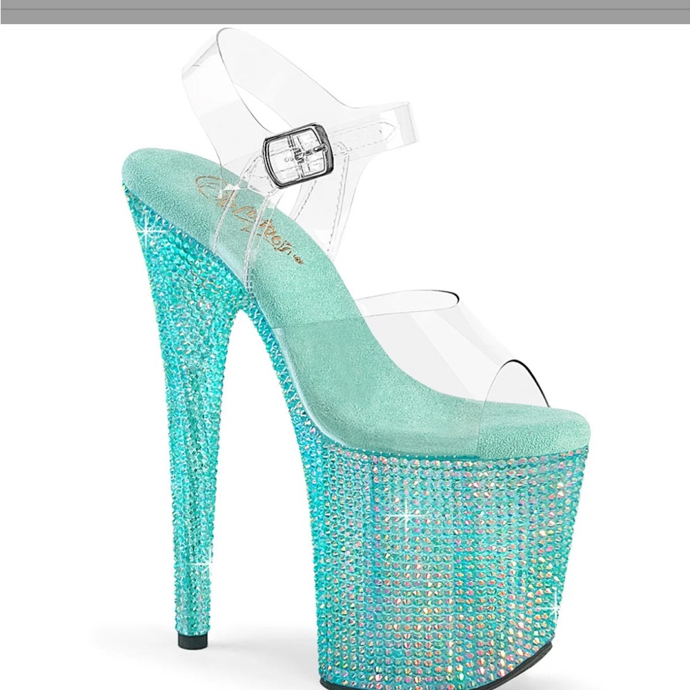 Pleaser Aqua Crystal Platform High Heel Sandal with Clear Straps